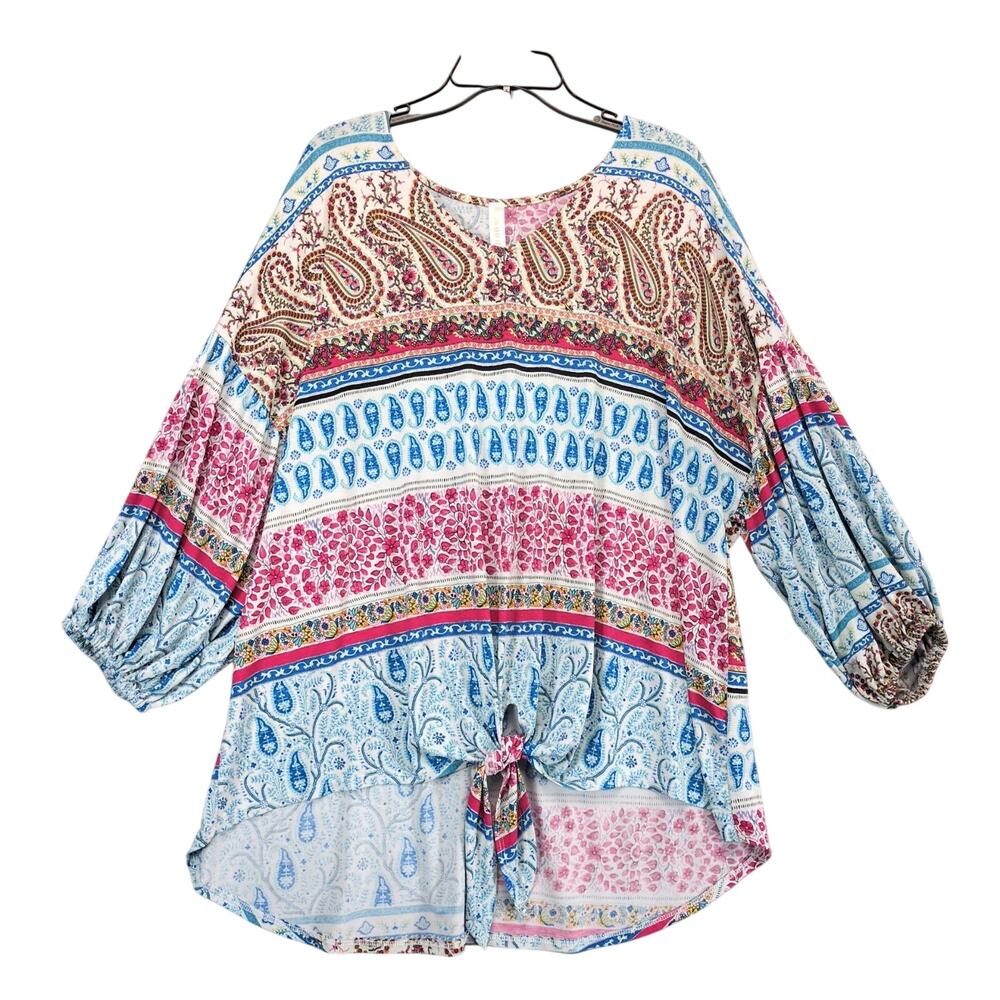 BohoBlu Boutique High-Low Boho Print Top Women's Plus Size 3X Puff Slv Front Tie